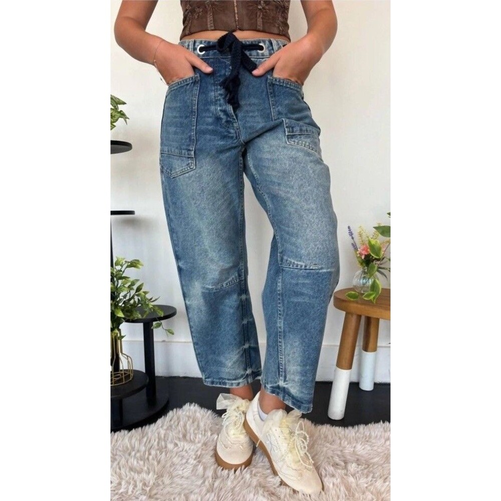 Aaron & Amber Jeans Womens Large Barrel Leg Blue Denim Cargo Button Fly Belted - Picture 3 of 11
